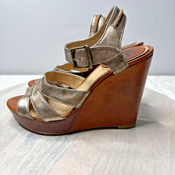 Frye Metallic Leather Wedge Sandals – Bronze Ankle Strap & Wood Platform 7 - Picture 3 of 11